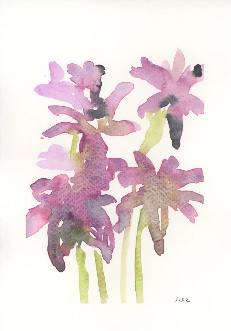 Watercolor of violet and magenta flowers with dark centers on pale green stems, signed nec at lower right.
