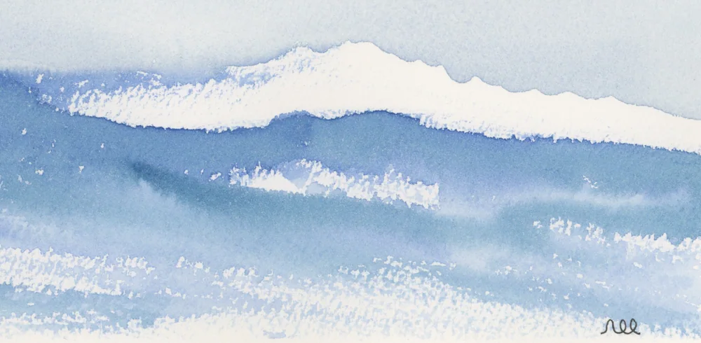 Close view of foam made with a dry brush across layered blue washes.
