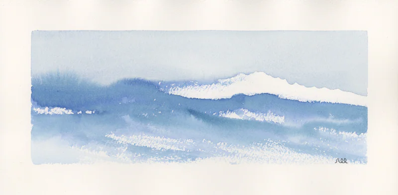 Horizontal watercolor of blue sea with a white breaking wave, painted as a band inside a cream paper margin, signed nec at lower right.