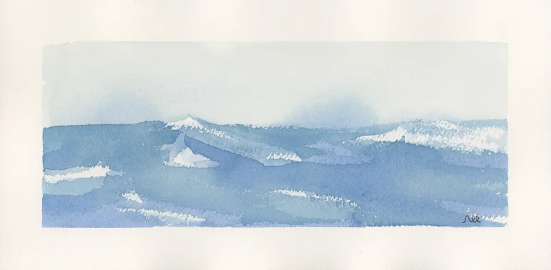 Horizontal watercolor of choppy blue sea with scattered white crests under a soft gray blue sky, inside a cream paper margin.