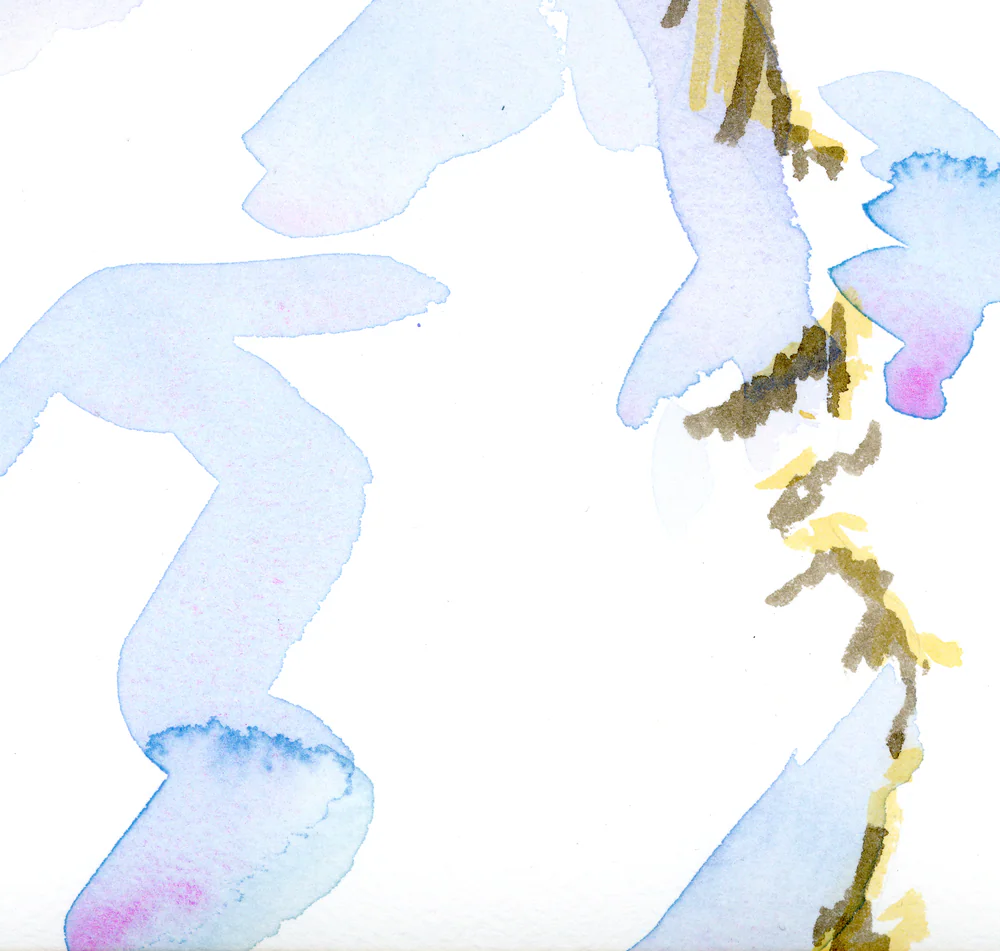 Close view of lilac shadow shapes on white paper with a fine ochre line.
