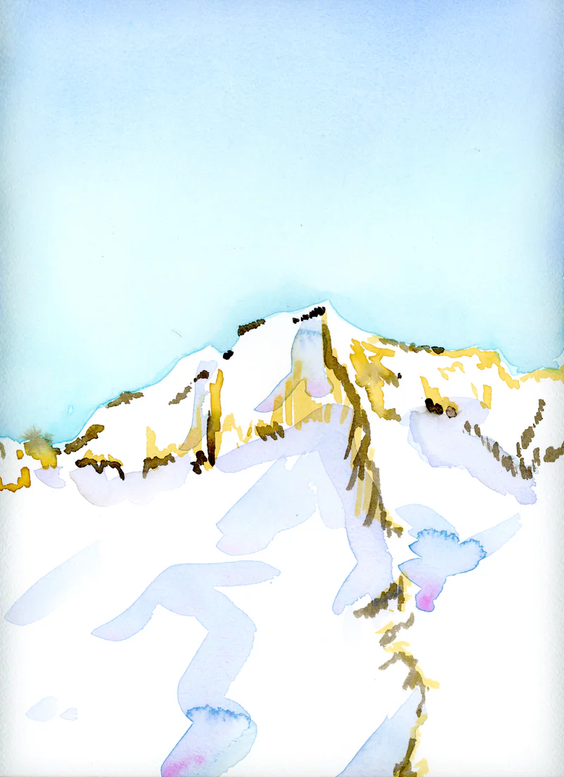 Watercolor of a mountain covered in snow under a pale blue sky, with ochre and brown rock strokes and long lilac shadows on white snow.