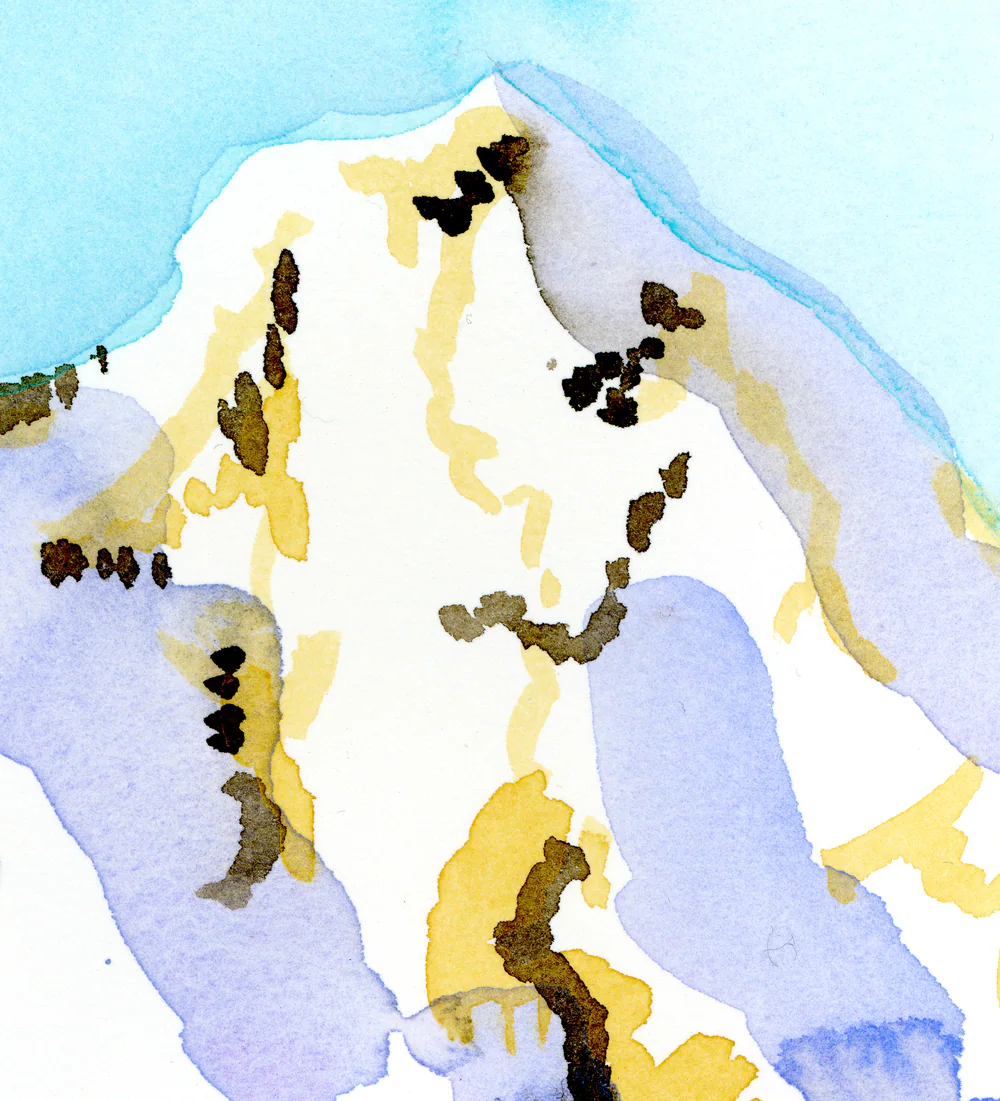 Close view of white paper left as snow, crossed by ochre, sepia and violet brushstrokes.