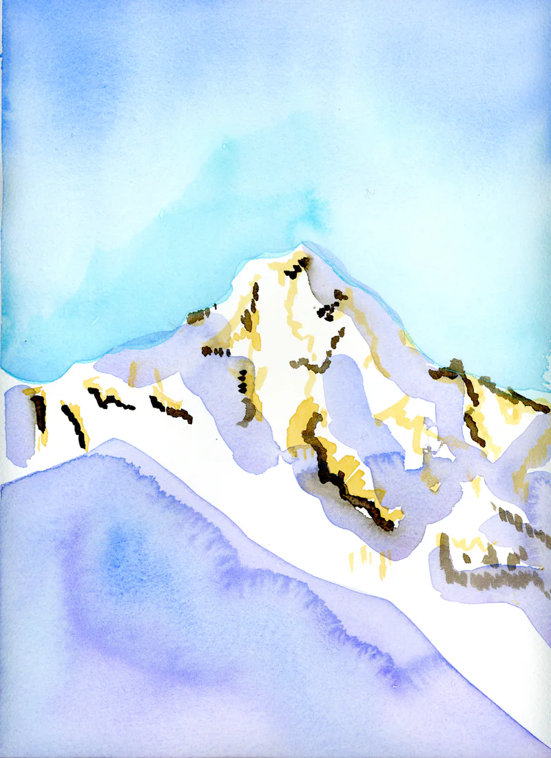 Watercolor of a snowy mountain peak under a blue and turquoise sky, with violet shadows and ochre and dark brown strokes marking the rock.
