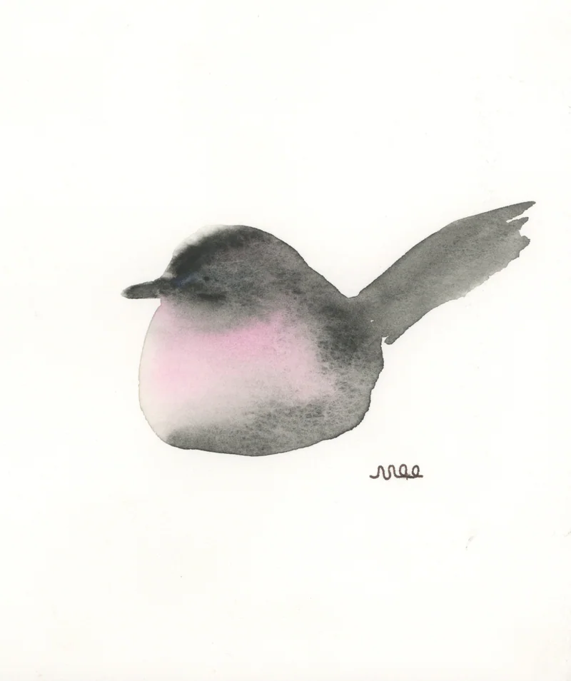 Watercolor of a small round gray bird with a pink breast and raised tail on white paper, signed nec below.