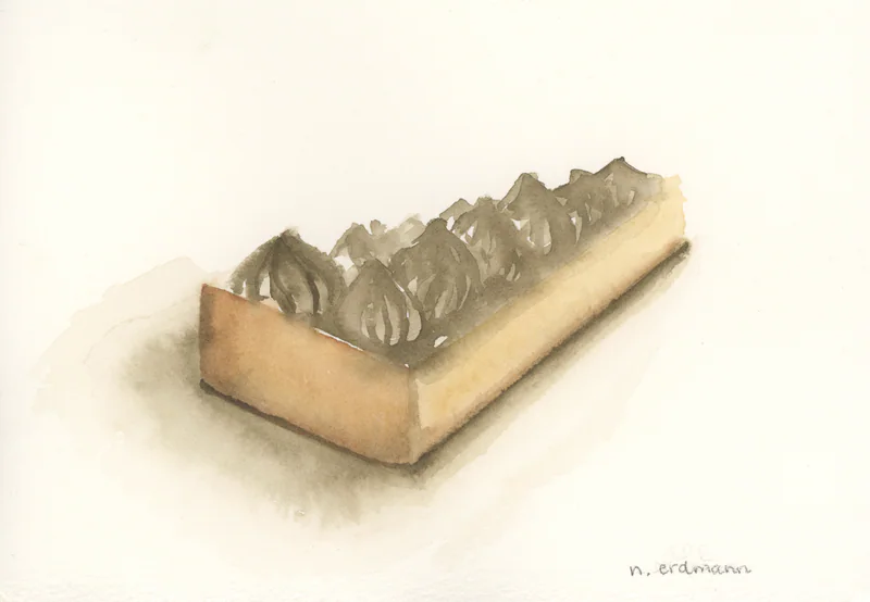 Horizontal watercolor of a slice of lemon meringue pie with browned meringue peaks and a gray shadow, signed n. erdmann at lower right.