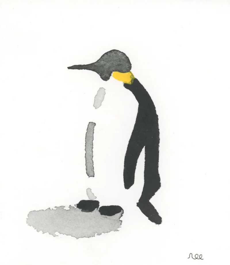 Minimal watercolor of a penguin with a black back, yellow collar and gray shadow, its white body left as paper, signed nec at lower right.