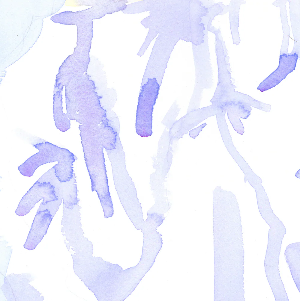 Close view of blue violet brushstrokes describing folds on white paper.
