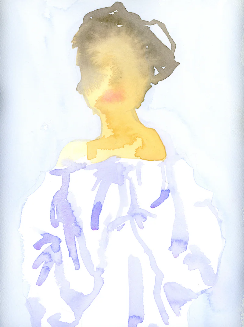 Watercolor of a figure with dark hair and warm skin tones, shown from the head to the waist in a dress worn off the shoulders, left mostly as white paper and shaped by blue violet folds, against a pale blue ground.